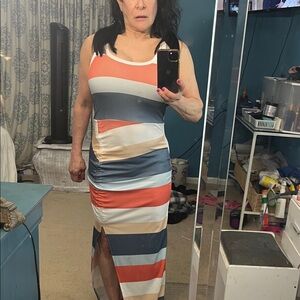 Striped Sleeveless Maxi Dress in Coral, Blue & Cream